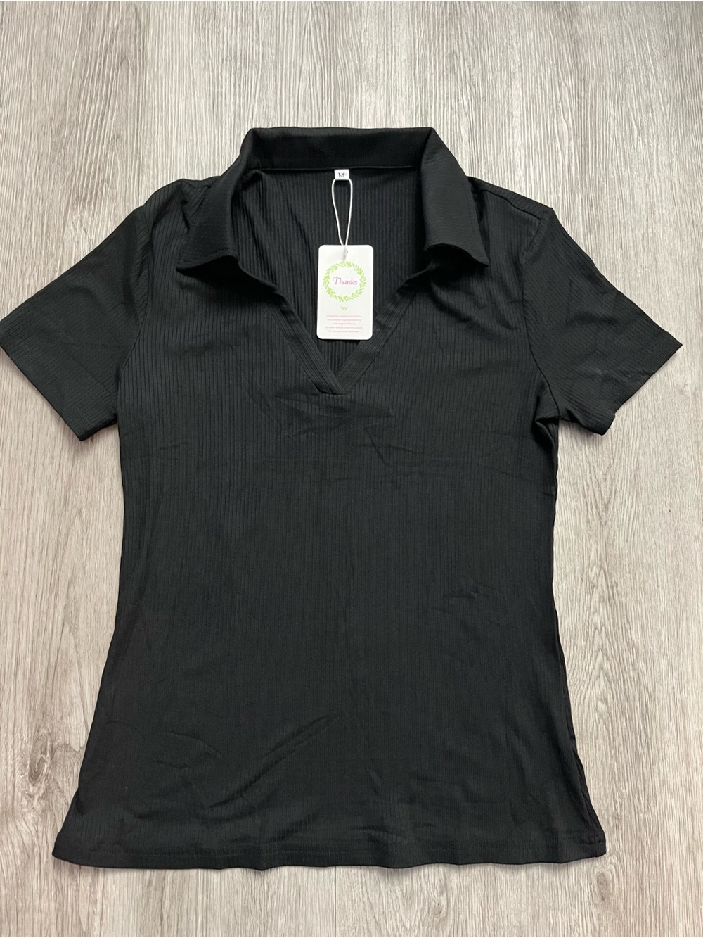🔥325–Black Women's Collared V-Neck Short Sleeve Top